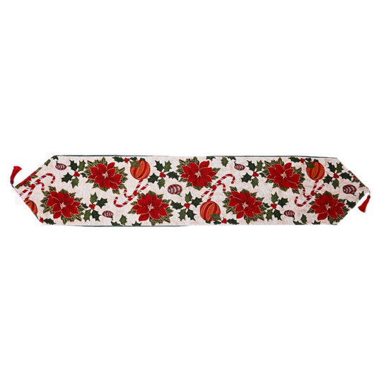 Napron Decorativ pentru Masa, Model Flori de Craciun, Material Brodat Bumbac si Poliester, Rosu si Verde, 35 x 180 cm