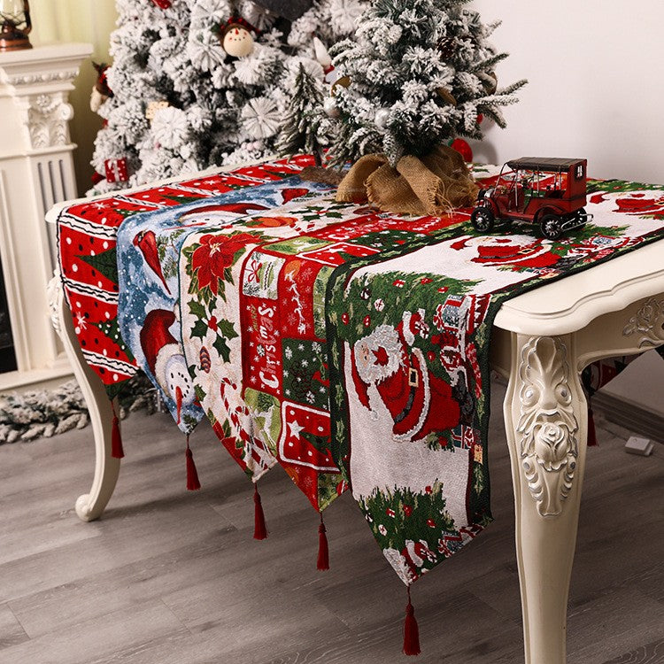 Napron Decorativ pentru Masa, Model Mos Craciun cu Broderie, Tematica Craciun, Amestec Bumbac si Poliester, Rosu/Verde, 35 x 180 cm