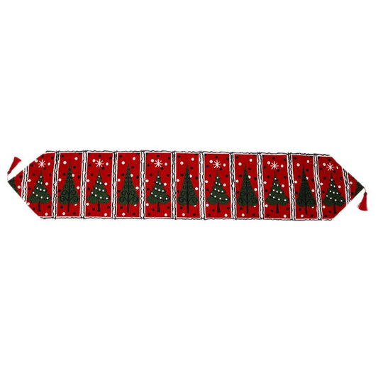 Napron Decorativ pentru Masa, Model Brazi de Craciun, Material Brodat Bumbac si Poliester, Tematica Festiva de Iarna, Rosu si Verde, 35 x 180 cm