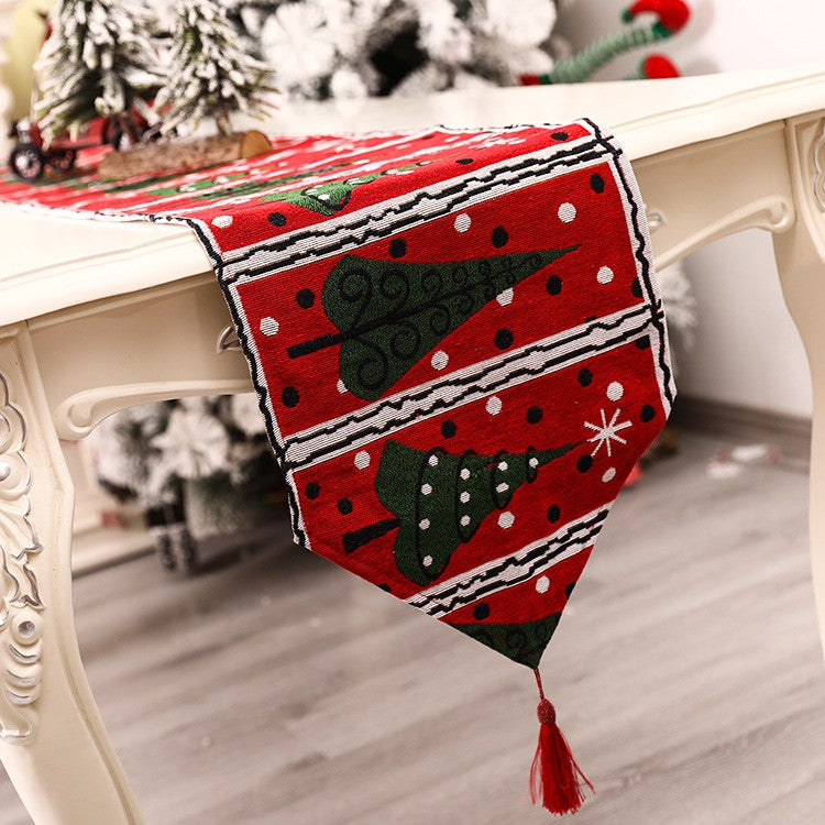 Napron Decorativ pentru Masa, Model Brazi de Craciun, Material Brodat Bumbac si Poliester, Tematica Festiva de Iarna, Rosu si Verde, 35 x 180 cm