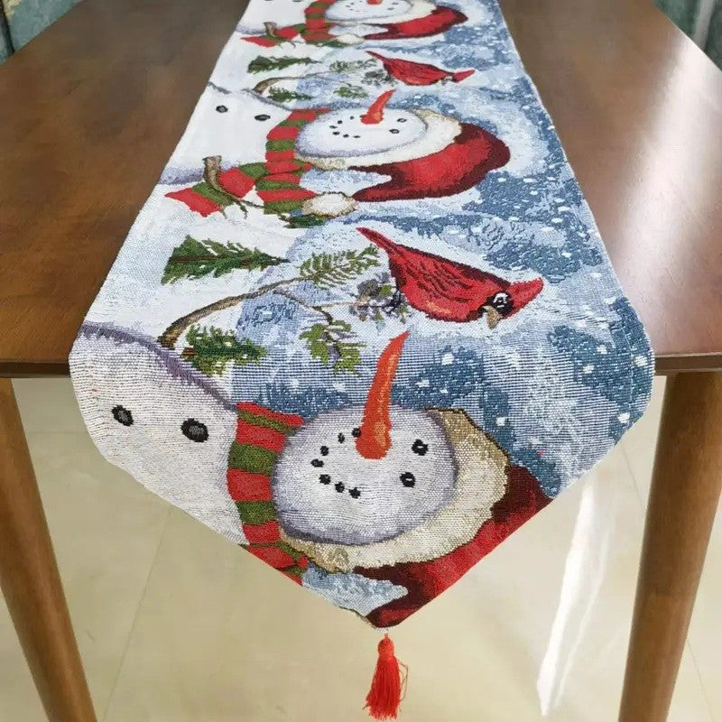 Napron Decorativ pentru Masa, Traversa Craciun cu Broderie Oameni de Zapada, Mixt Bumbac si Poliester, 35 x 180 cm, Rosu/Verde