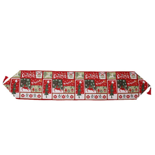 Napron Decorativ pentru Masa, Tematica Craciun Merry Christmas, Material Textil Brodat cu Bumbac si Poliester, 35 x 180 cm, Rosu si Verde