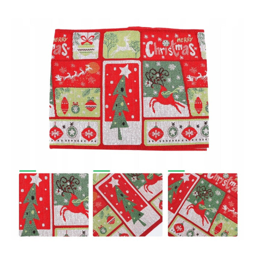 Napron Decorativ pentru Masa, Tematica Craciun Merry Christmas, Material Textil Brodat cu Bumbac si Poliester, 35 x 180 cm, Rosu si Verde