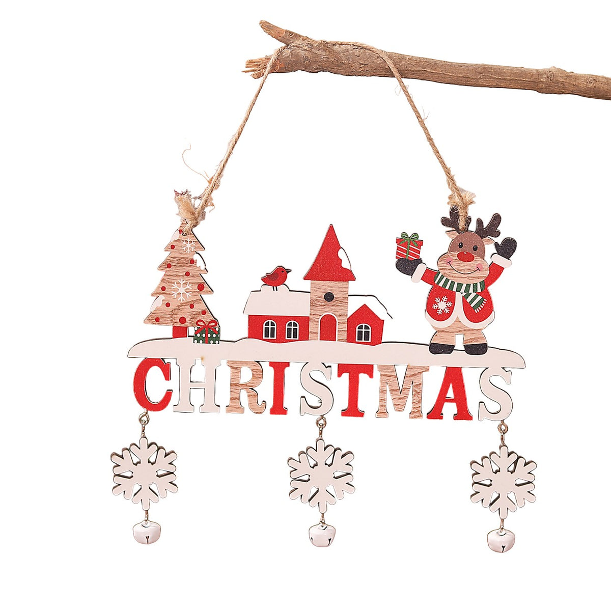 Decoratiune de Craciun pentru Brad, Model Ren cu Mesaj Let It Snow, Lemn Natural cu Snur de Agatare, Multicolor, 21.9x19 cm