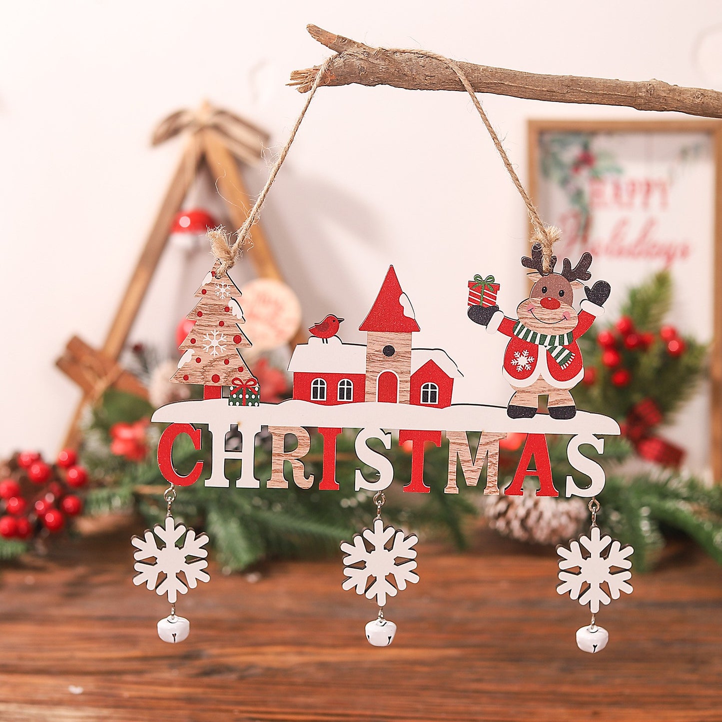Decoratiune de Craciun pentru Brad, Model Ren cu Mesaj Let It Snow, Lemn Natural cu Snur de Agatare, Multicolor, 21.9x19 cm