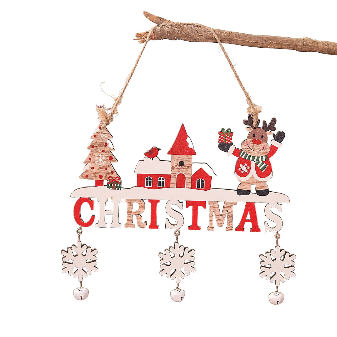 Decoratiune de Craciun pentru Brad, Model Ren cu Mesaj Let It Snow, Lemn Natural cu Snur de Agatare, Multicolor, 21.9x19 cm