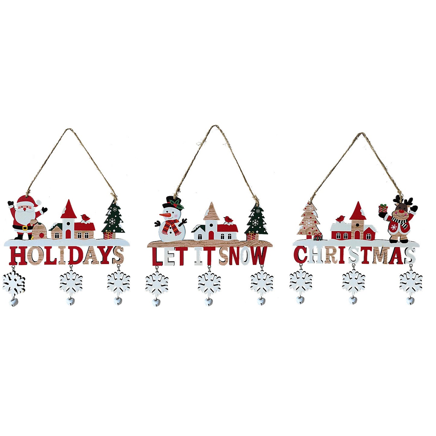 Decoratiune de Craciun pentru Brad, Model Mos Craciun cu Mesaj Let It Snow, Lemn Natural Pictat, cu Snur de Agatare, Multicolor, 21.9x19 cm