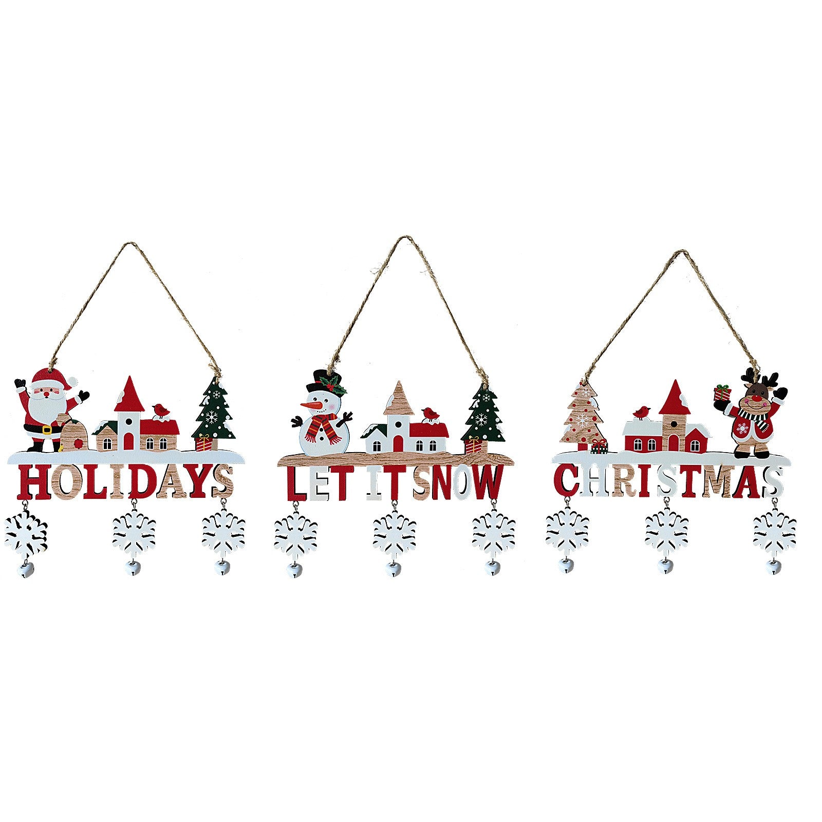Decoratiune de Craciun pentru Brad, Model Mos Craciun cu Mesaj Let It Snow, Lemn Natural Pictat, cu Snur de Agatare, Multicolor, 21.9x19 cm