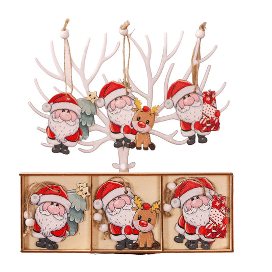 Set 9 Decoratiuni de Craciun din Lemn, Ornamente pentru Brad cu Snur, Modele Mos Craciun, Ren si Cadouri, Pictate Manual, Multicolor