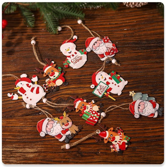 Set 9 Decoratiuni de Craciun din Lemn, Ornamente pentru Brad cu Snur, Modele Mos Craciun, Ren si Cadouri, Pictate Manual, Multicolor