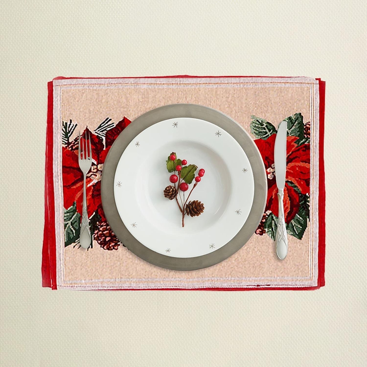 Șervețel Decorativ pentru Masă, Model Crăciunițe Festiv, Material Tricotat Moale Anti-Șifonare, Lavabil, Roșu, 43 x 34 cm