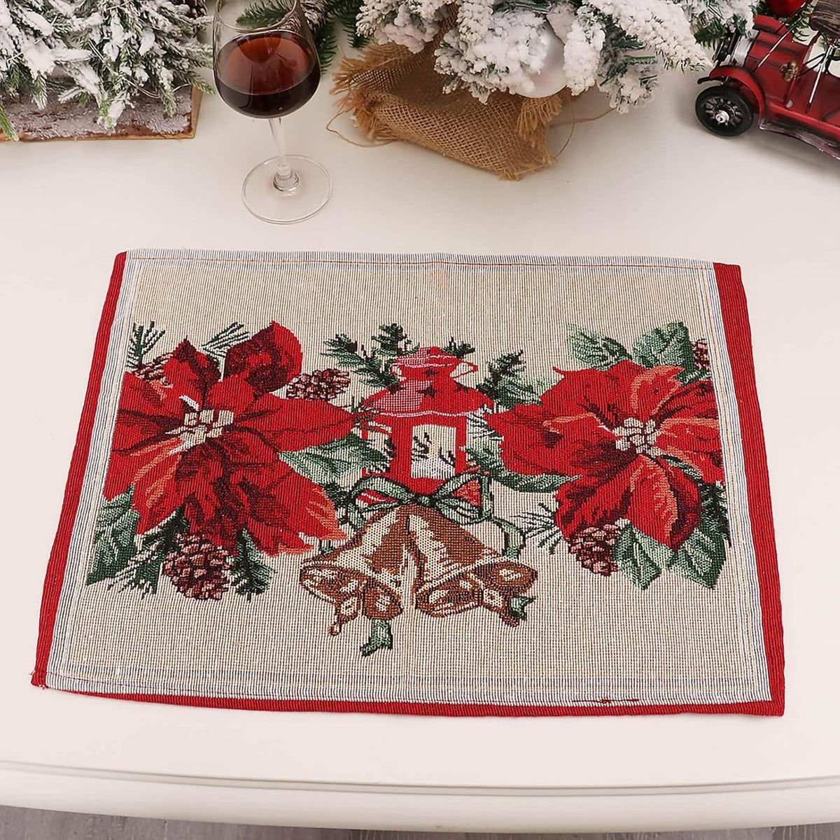 Șervețel Decorativ pentru Masă, Model Crăciunițe Festiv, Material Tricotat Moale Anti-Șifonare, Lavabil, Roșu, 43 x 34 cm