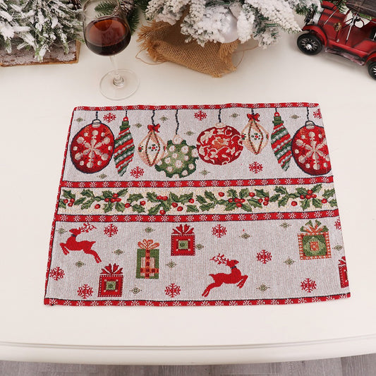 Șervețel Decorativ pentru Masă, Tematică Crăciun cu Model Globulețe și Cadouri, Material Tricotat Moale Rezistent la Șifonare, 43 x 34 cm, Roșu Festiv