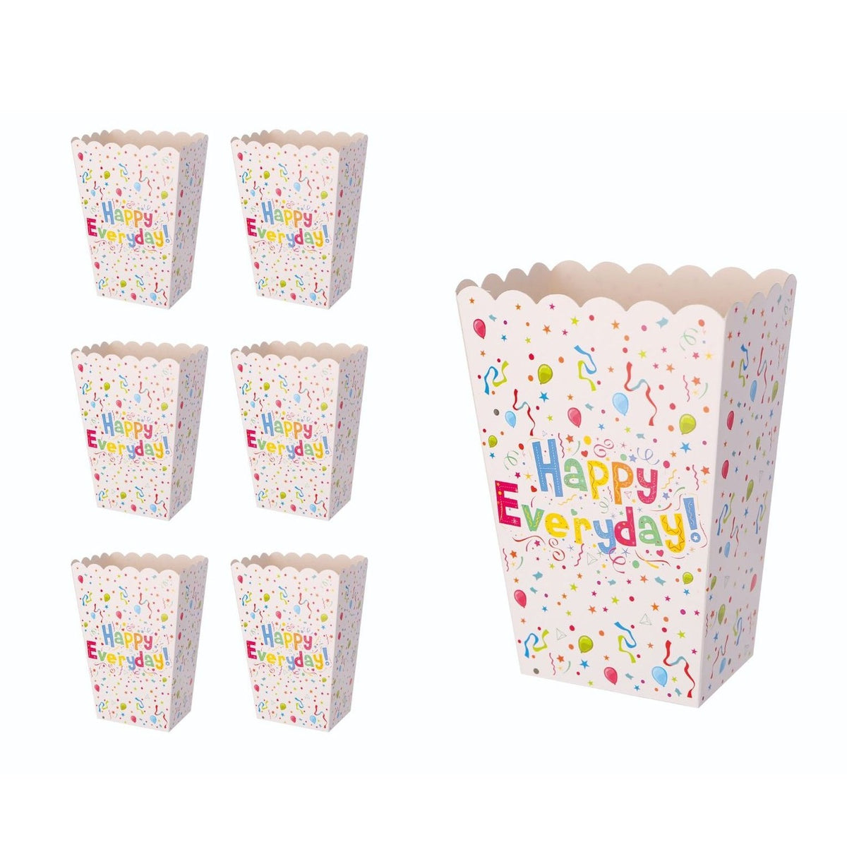 Set 6 Cutii Popcorn Happy Everyday, Recipiente Festive pentru Petrecere, Carton Imprimat, 17 x 15 cm, Multicolor