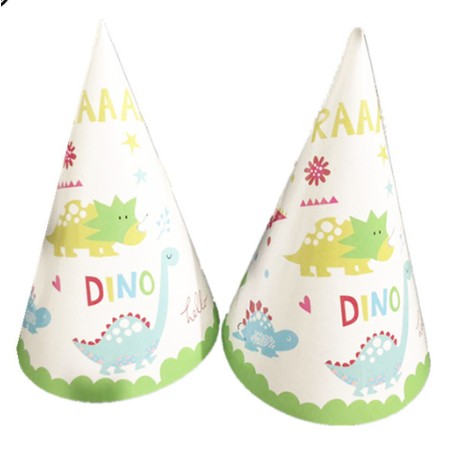 Set 6 Coifuri Petrecere Dino Park, Accesorii Aniversare Tematica Dinozauri, Carton Alb Rezistent, 20 x 14 cm, Multicolor