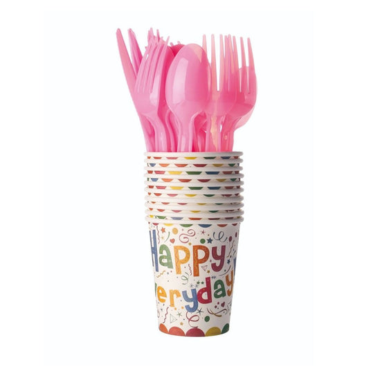 Set 10 Pahare Unica Folosinta, Model Happy Everyday, Pahare din Carton pentru Bauturi Calde si Reci, 13 x 7 x 5 cm, Multicolor