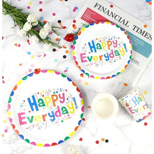 Set Accesorii Masa Petrecere Happy Everyday, Kit Complet 78 Piese cu Farfurii, Tacamuri si Fata de Masa, Carton si Plastic, Multicolor