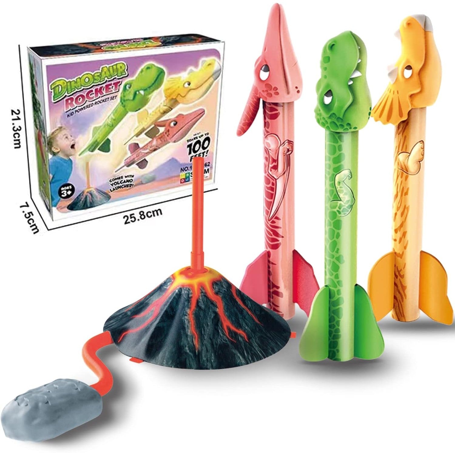 Lansator de Rachete cu Piciorul pentru Copii, Model Vulcan cu 3 Rachete Dinozaur cu Lumini LED, Jucarie de Exterior din Spuma si Plastic, 30 cm, Multicolor