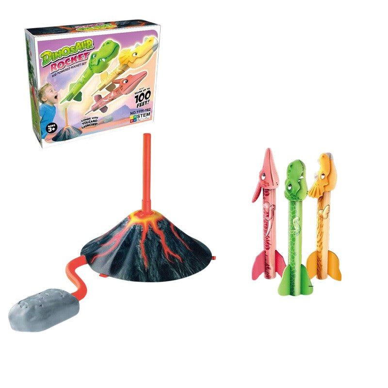 Lansator de Rachete cu Piciorul pentru Copii, Model Vulcan cu 3 Rachete Dinozaur cu Lumini LED, Jucarie de Exterior din Spuma si Plastic, 30 cm, Multicolor