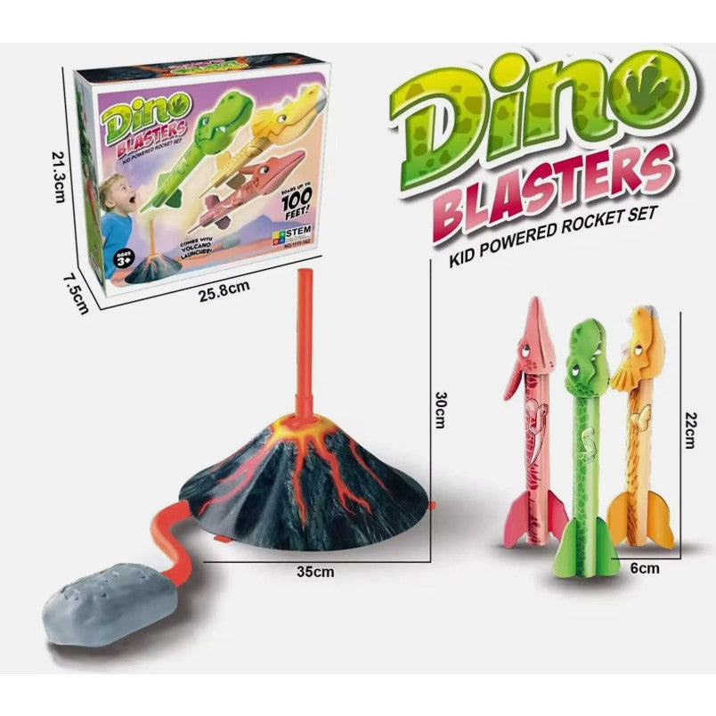 Lansator de Rachete cu Piciorul pentru Copii, Model Vulcan cu 3 Rachete Dinozaur cu Lumini LED, Jucarie de Exterior din Spuma si Plastic, 30 cm, Multicolor