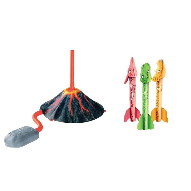 Lansator de Rachete cu Piciorul pentru Copii, Model Vulcan cu 3 Rachete Dinozaur cu Lumini LED, Jucarie de Exterior din Spuma si Plastic, 30 cm, Multicolor