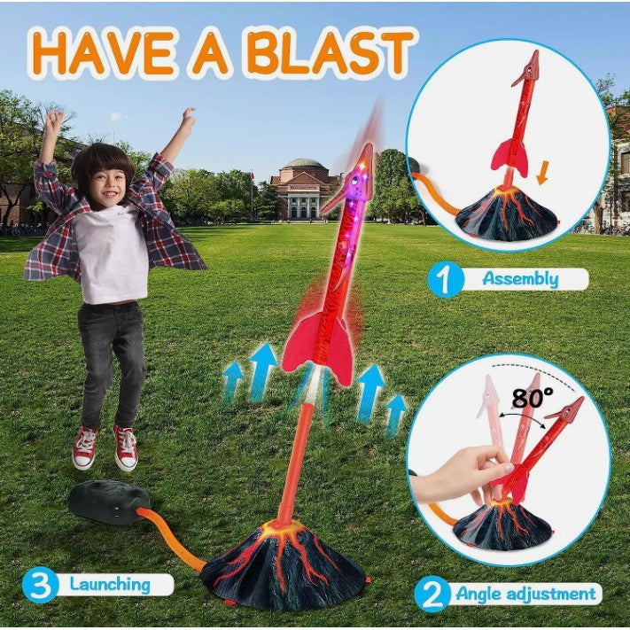Lansator de Rachete cu Piciorul pentru Copii, Model Vulcan cu 3 Rachete Dinozaur cu Lumini LED, Jucarie de Exterior din Spuma si Plastic, 30 cm, Multicolor
