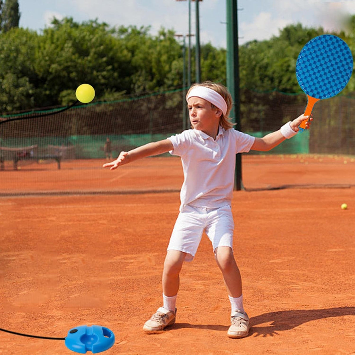 Set Badminton pentru Copii, Joc Sportiv de Exterior cu 2 Palete, Fluturaș și Mingi de Antrenament cu Elastic, Material Plastic, 41x23 cm, Albastru/Portocaliu