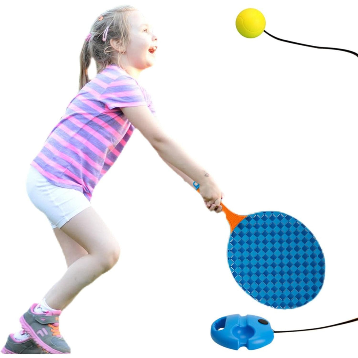 Set Badminton pentru Copii, Joc Sportiv de Exterior cu 2 Palete, Fluturaș și Mingi de Antrenament cu Elastic, Material Plastic, 41x23 cm, Albastru/Portocaliu