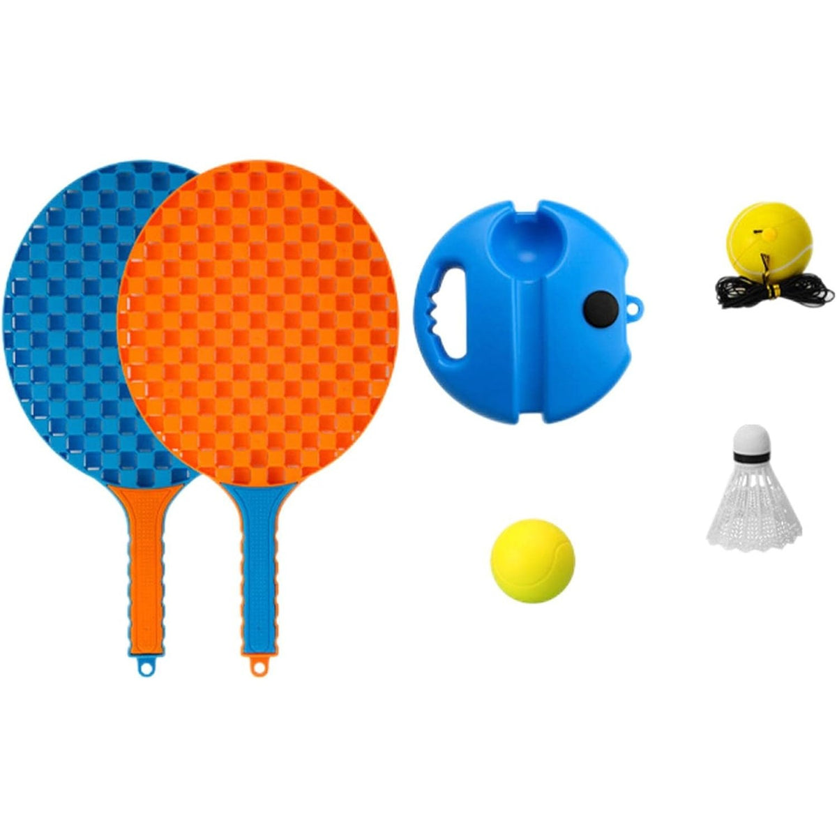 Set Badminton pentru Copii, Joc Sportiv de Exterior cu 2 Palete, Fluturaș și Mingi de Antrenament cu Elastic, Material Plastic, 41x23 cm, Albastru/Portocaliu