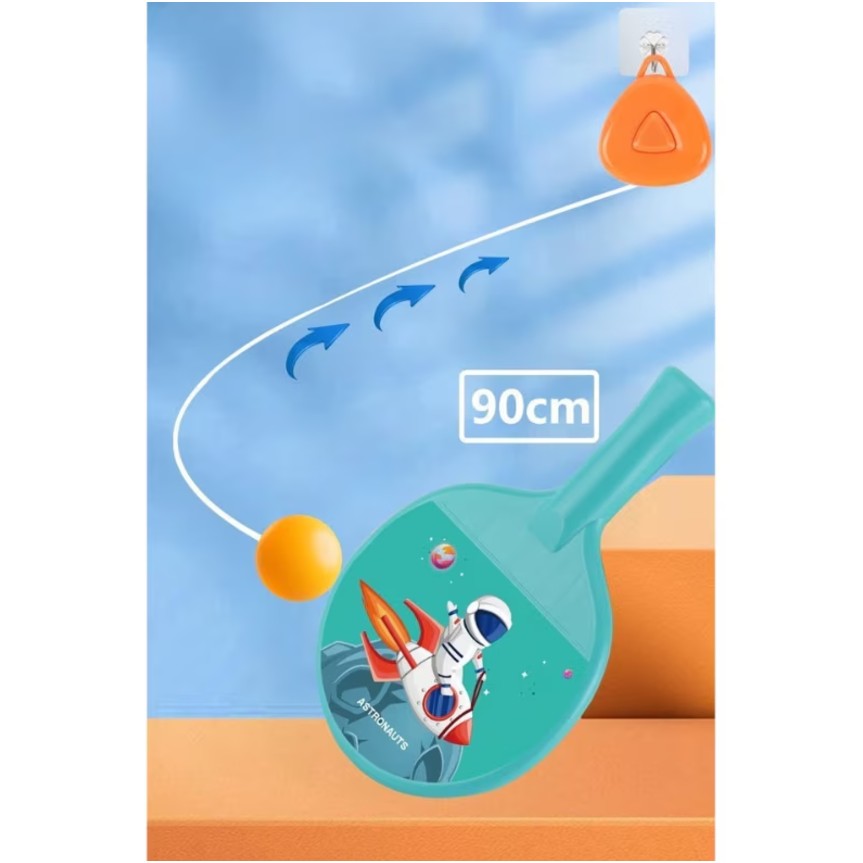 Set Tenis de Masa pentru Copii cu Design Astronauti, Antrenament Suspendat cu Inaltime Reglabila, Plastic si ABS, 2 Palete, 4 Mingi si Accesorii de Agatat, Albastru