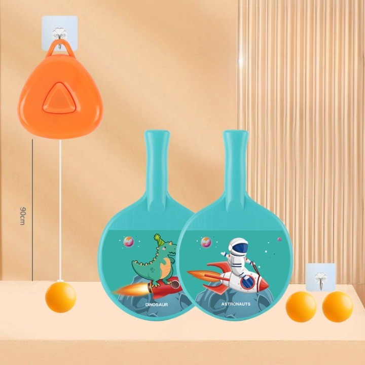 Set Tenis de Masa pentru Copii, Antrenament cu Inaltime Reglabila, Design Astronauti, Plastic si ABS, Include 2 Palete, 2 Mingi si Carlig Suspendat, Albastru