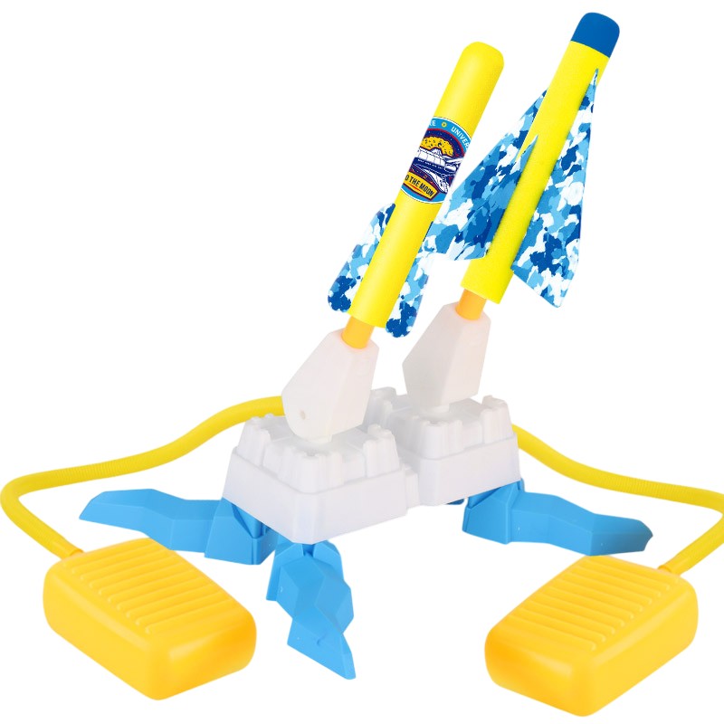 Jucarie Lansator de Rachete cu Piciorul pentru Copii, Doua Pedale de Lansare, Set de Exterior cu 6 Rachete din Spuma si 2 Avioane, Plastic, 33x25x27 cm, Galben-Albastru