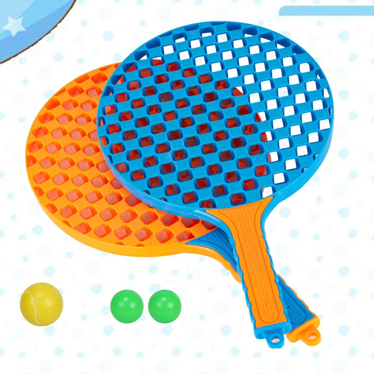 Set Badminton pentru Copii, Palete Ergonomice cu 3 Mingi Incluse, Sport si Antrenament, Albastru/Portocaliu, 5 Piese
