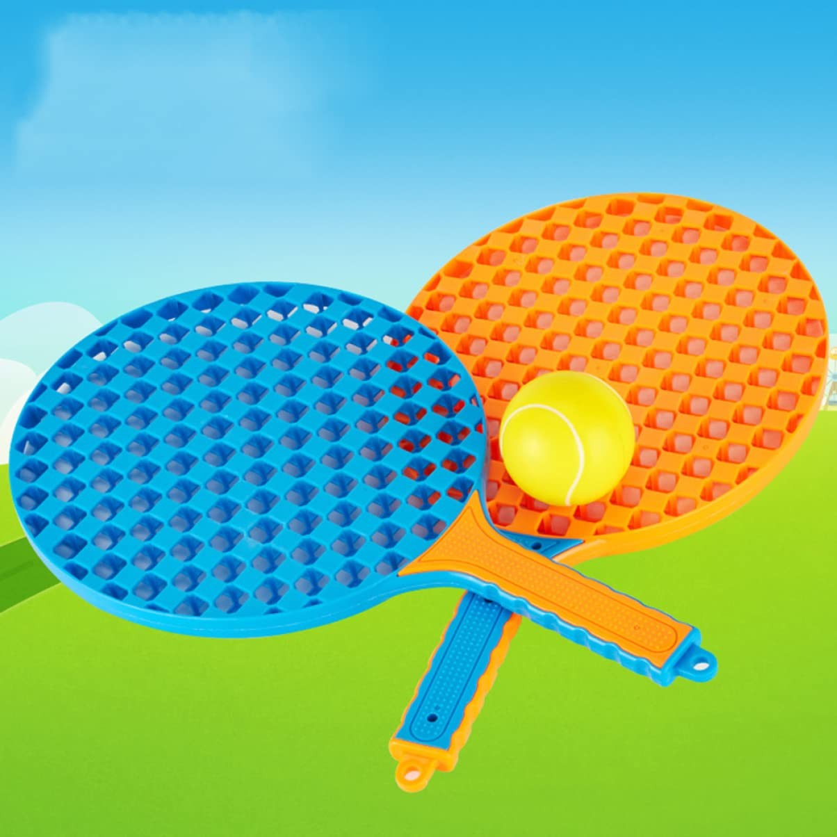 Set Badminton pentru Copii, Palete Ergonomice cu 3 Mingi Incluse, Sport si Antrenament, Albastru/Portocaliu, 5 Piese