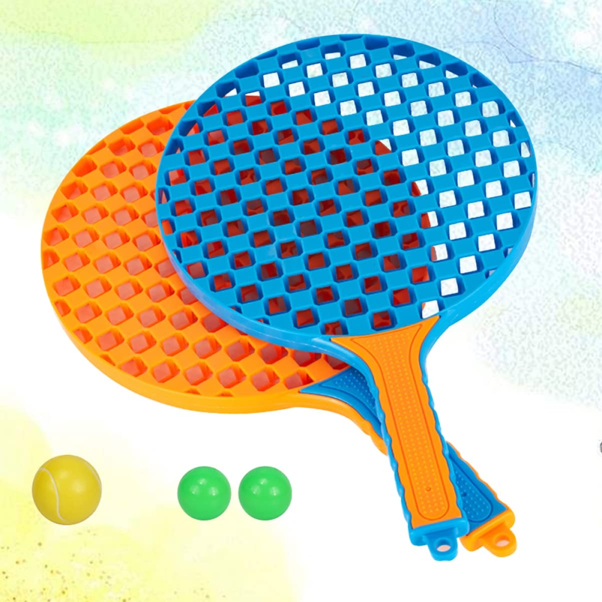 Set Badminton pentru Copii, Palete Ergonomice cu 3 Mingi Incluse, Sport si Antrenament, Albastru/Portocaliu, 5 Piese