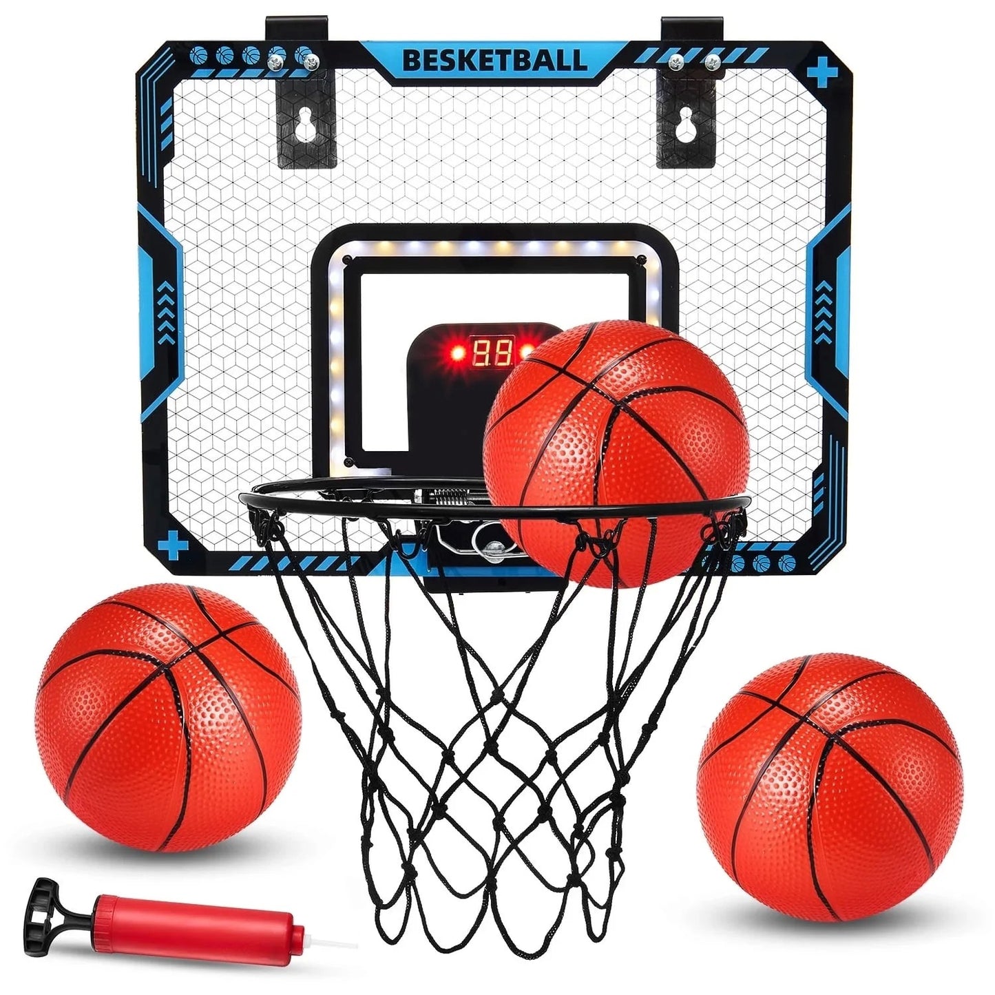 Cos de Baschet pentru Copii cu Tablou de Bord Electronic, Inel Metalic Rabatabil cu Arc, 2 Moduri de Joc Interior si Exterior, Include Minge si Pompa, 41x31 cm, Multicolor