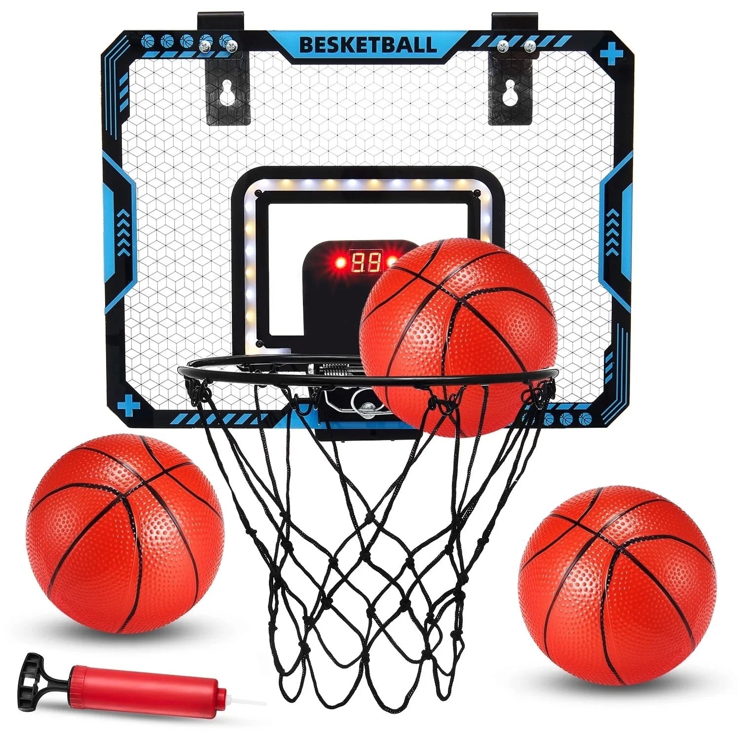 Cos de Baschet pentru Copii cu Tablou de Bord Electronic, Inel Metalic Rabatabil cu Arc, 2 Moduri de Joc Interior si Exterior, Include Minge si Pompa, 41x31 cm, Multicolor