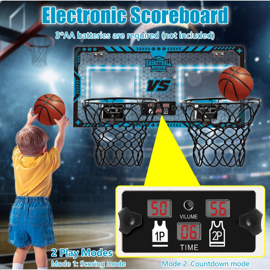 Set 2 Cosuri de Baschet pentru Copii, Tablou de Bord Electronic pentru 2 Jucatori, Inel Metalic Rabatabil cu Arc, 2 Moduri de Joc, Lumini si Sunete, Plastic si Metal, 60x31x6 cm, Multicolor