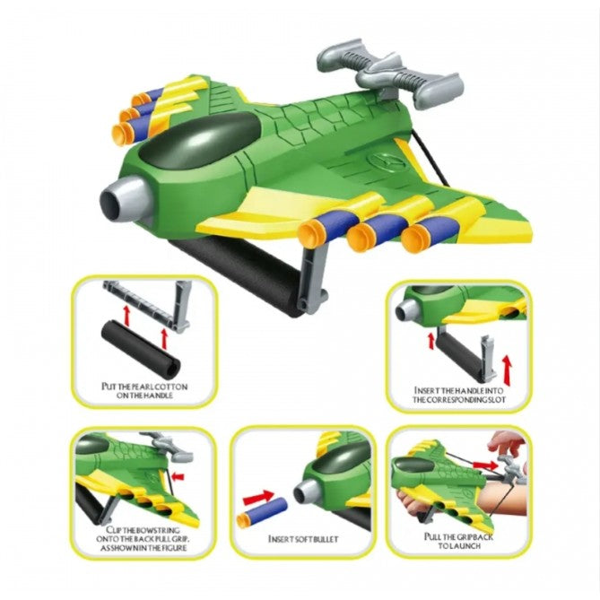 Pistol de Jucarie pentru Copii cu Lansator Manual, Avion, 20 de Gloante din Material Moale, Joc Interactiv de Tinta, Plastic Rezistent, 24x23.5x6.3 cm, Verde