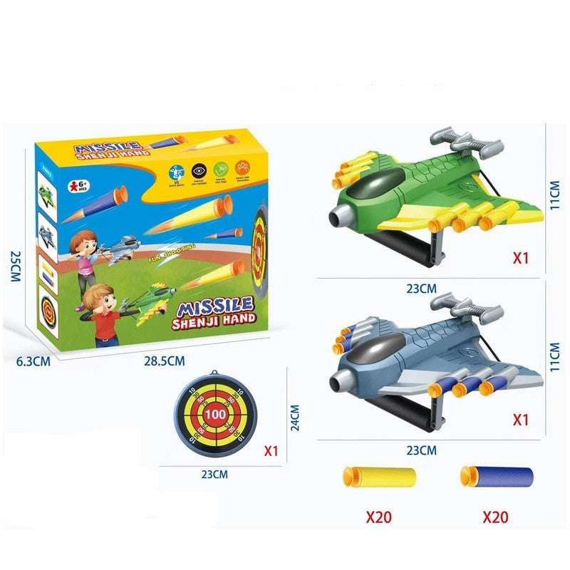 Set 2 Pistoale de Jucărie cu Lansator Manual, Joc de Target cu 2 Avioane și 40 Gloanțe din Spumă Moale, Plastic, 28.5x25x6.3 cm, Gri/Verde