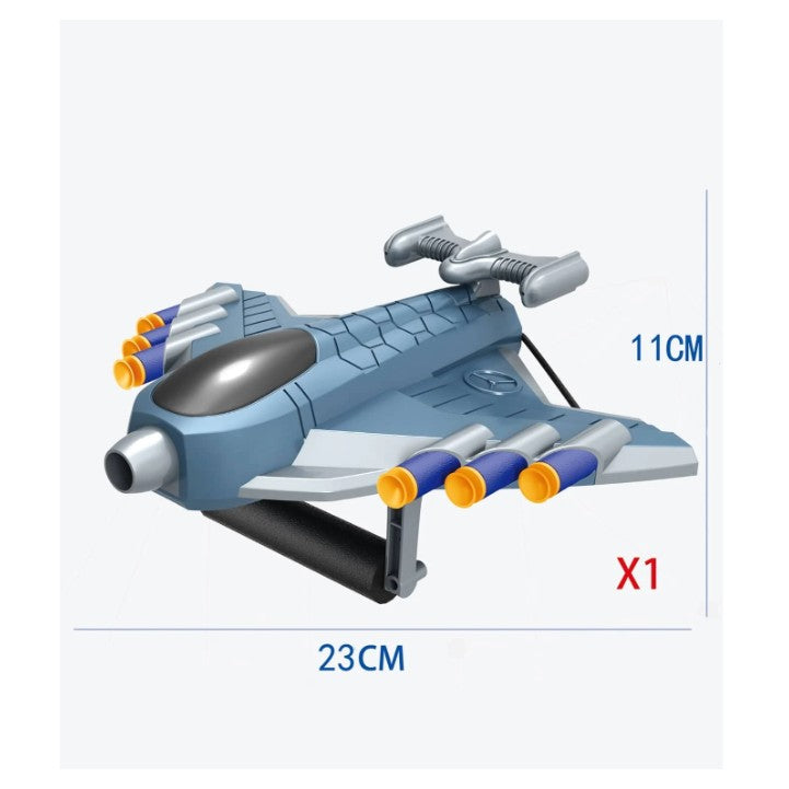 Pistol de Jucarie cu Lansator Manual, Avion Fighter si Tinta Interactiva, 20 de Gloante din Spuma Moale, Plastic, 24x23.5x6.3 cm, Gri