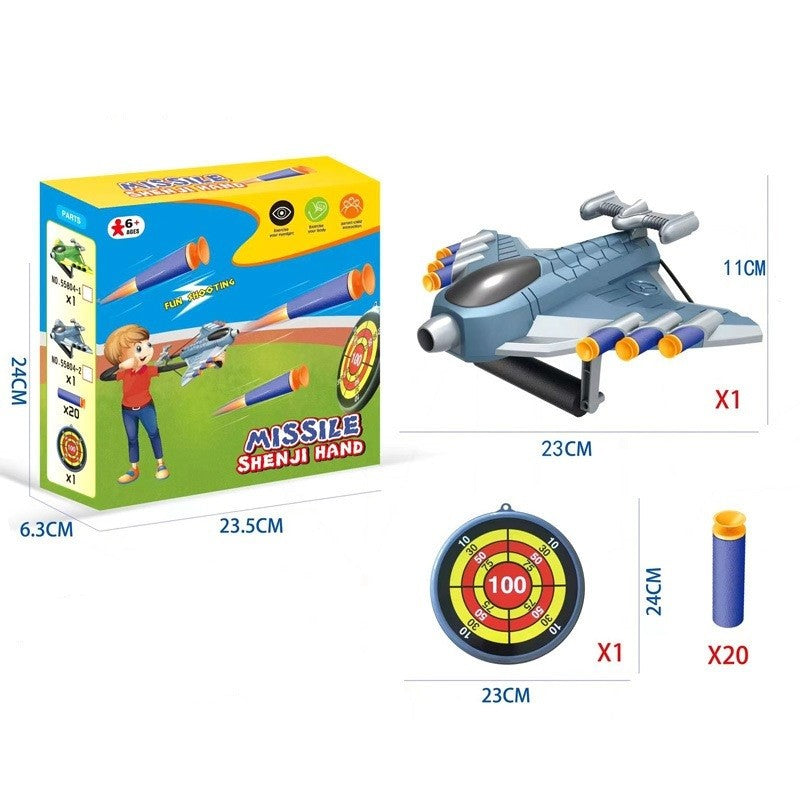 Pistol de Jucarie cu Lansator Manual, Avion Fighter si Tinta Interactiva, 20 de Gloante din Spuma Moale, Plastic, 24x23.5x6.3 cm, Gri