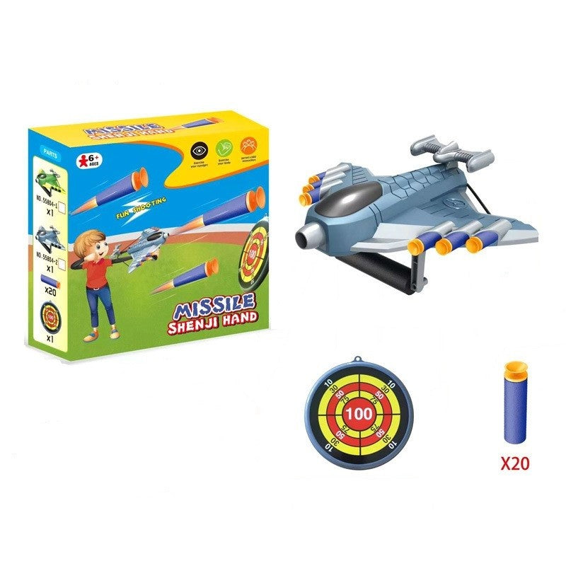 Pistol de Jucarie cu Lansator Manual, Avion Fighter si Tinta Interactiva, 20 de Gloante din Spuma Moale, Plastic, 24x23.5x6.3 cm, Gri
