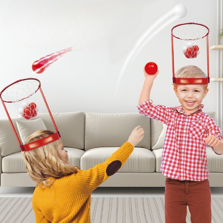 Joc Interactiv de Baschet pentru Cap, Set Dublu pentru Competitie si Coordonare, Plastic, 2 Cosuri Ajustabile si 20 de Mingi Albe si Rosii, Multicolor