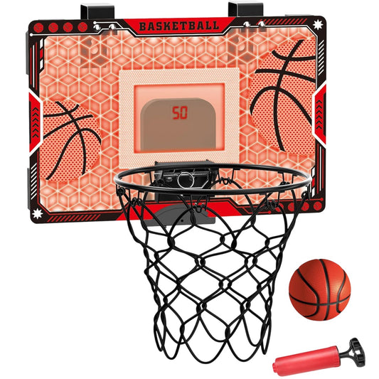 Cos de Baschet pentru Copii cu Tablou de Bord Electronic si Sunete, Inel Metalic Rabatabil cu Arc, 2 Moduri de Joc, Include Minge si Pompa, Interior si Exterior, Plastic si Metal, 41x27.5 cm, Multicolor