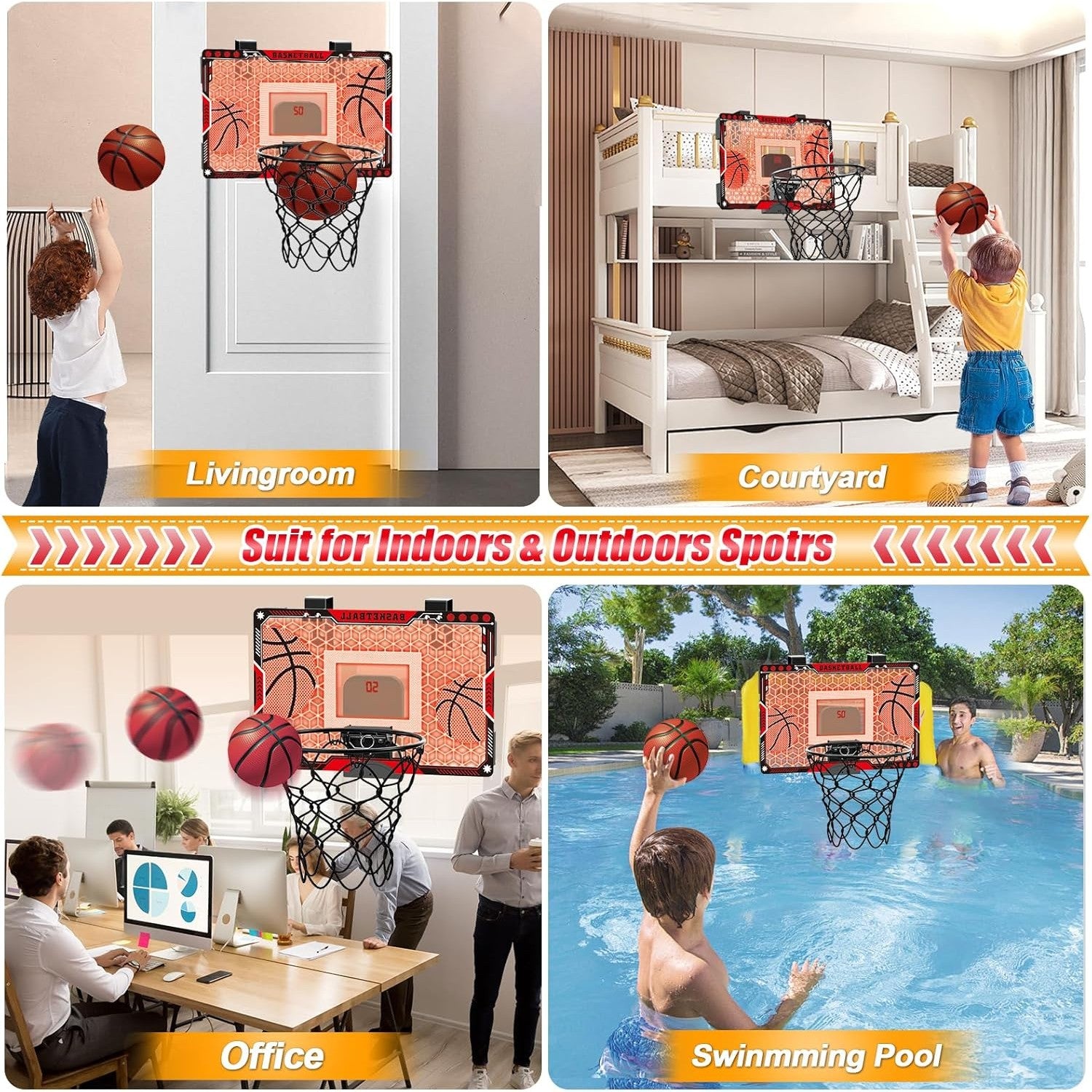 Cos de Baschet pentru Copii cu Tablou de Bord Electronic si Sunete, Inel Metalic Rabatabil cu Arc, 2 Moduri de Joc, Include Minge si Pompa, Interior si Exterior, Plastic si Metal, 41x27.5 cm, Multicolor