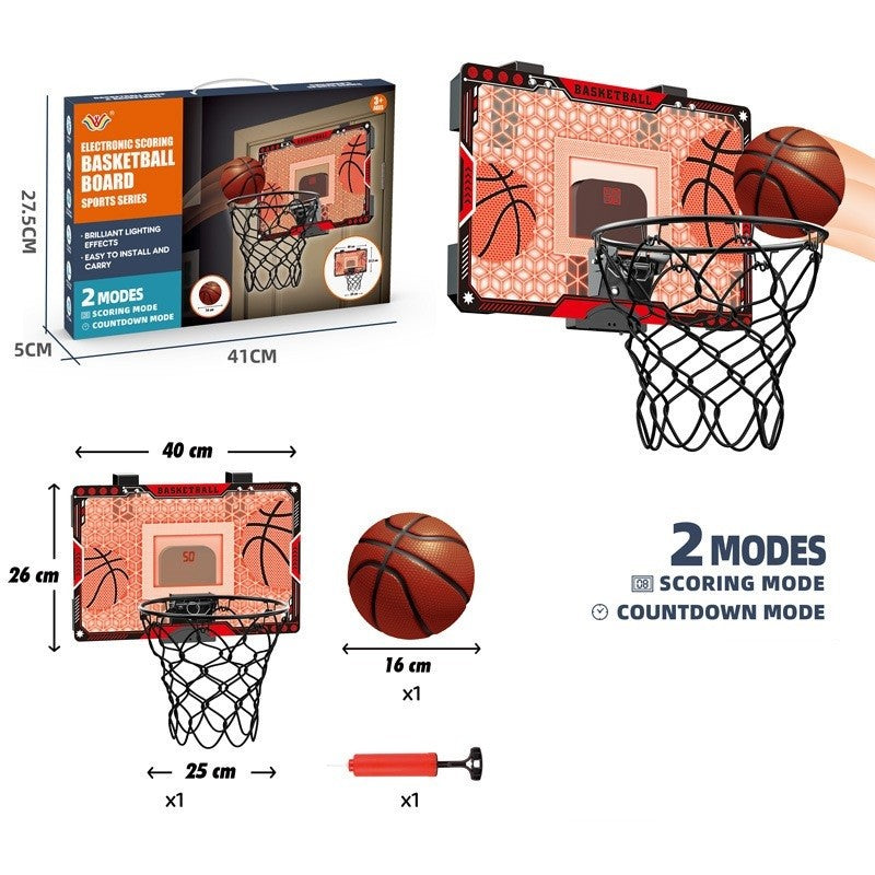 Cos de Baschet pentru Copii cu Tablou de Bord Electronic si Sunete, Inel Metalic Rabatabil cu Arc, 2 Moduri de Joc, Include Minge si Pompa, Interior si Exterior, Plastic si Metal, 41x27.5 cm, Multicolor
