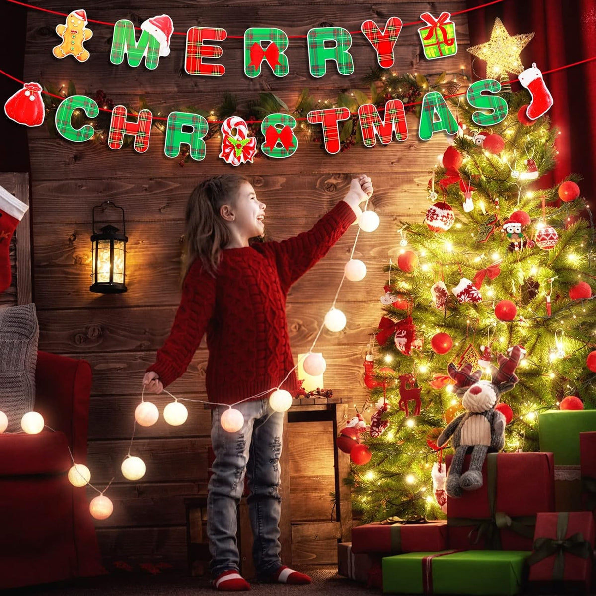 Banner Craciun Merry Christmas, Decoratiune Suspendata pentru Usa sau Perete, Carton Durabil, Litere 12 x 13 cm, Multicolor, 18 Piese, Sfoara Inclusa