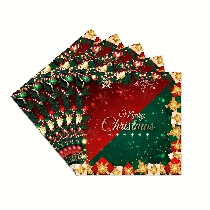 Set 20 Șervețele de Masă Crăciun, Design Merry Christmas, Hârtie Calitate Superioară, Verde și Roșu, 16.5 x 16.5 cm
