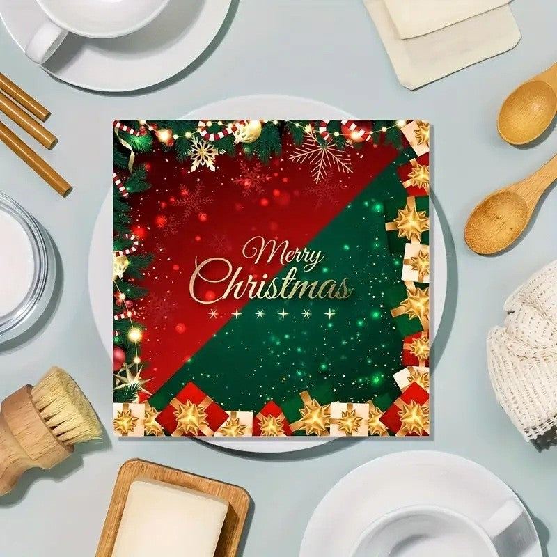 Set 20 Șervețele de Masă Crăciun, Design Merry Christmas, Hârtie Calitate Superioară, Verde și Roșu, 16.5 x 16.5 cm